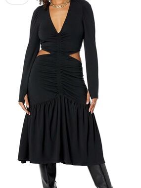 The Drop x ItsJulietteFoxx Black V-Neck Cut-Out Ruched Midi Dress Size Large NWT